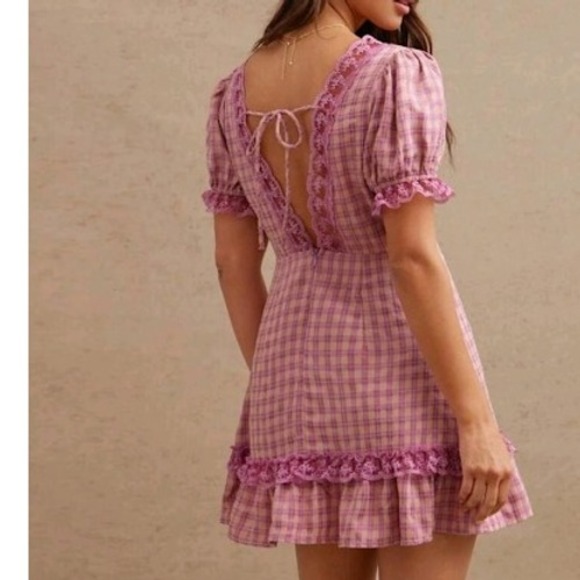 Westfade Pink Plaid V Neck Short Puff Sleeve Back Cut Out Mini Dress Small - Picture 2 of 9